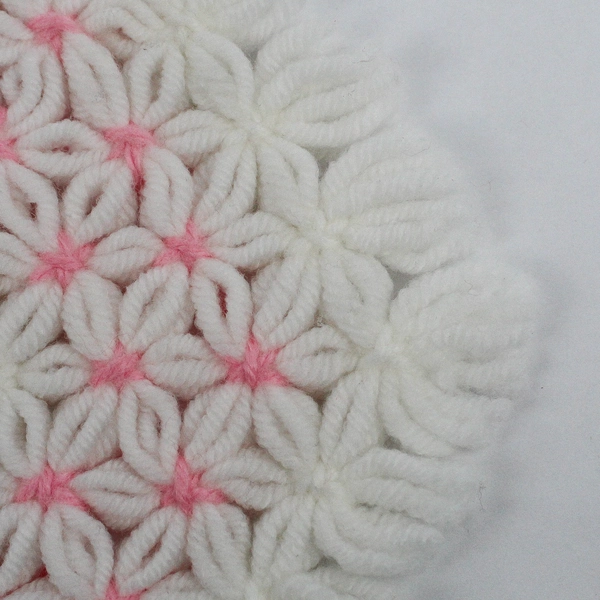 Vintage Handmade Crocheted White and Pink Yarn Trivet Hot Pad 8"