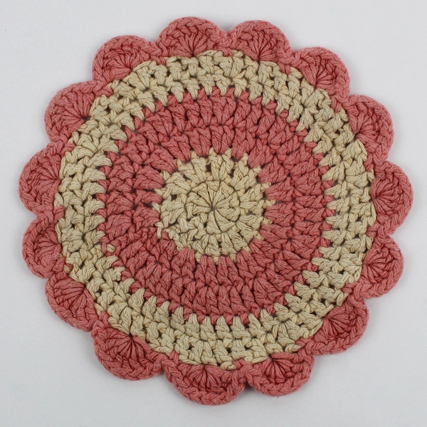 Vintage Handmade Pink & Ecru Crocheted Doily Scalloped Edge 7.5"