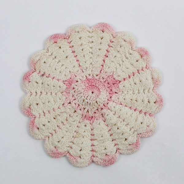 Vintage Handmade Crocheted Pink and White Doily Scalloped Edge 6"