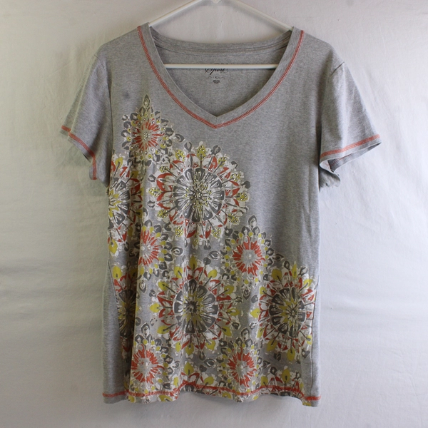 Style & Co Sport Women's XL Gray Floral with Rhinestones T-shirt