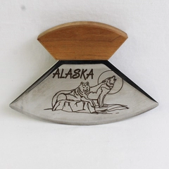 Alaska Ulu Knife with Wooden Handle, Wolves Carving No Stand