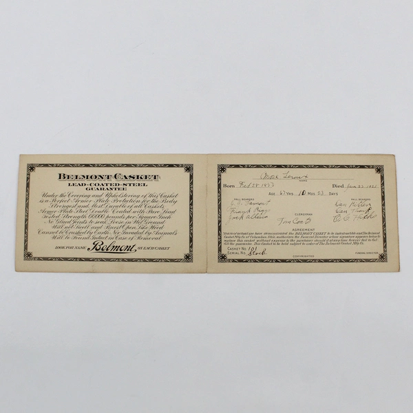 Belmont Casket Warranty Funeral Memorial Card Mose Leroux 1921 Kansas