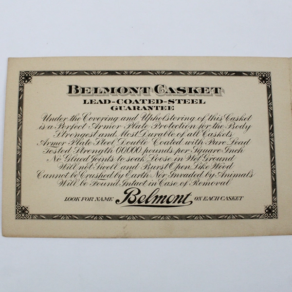 Belmont Casket Warranty Funeral Memorial Card Mose Leroux 1921 Kansas