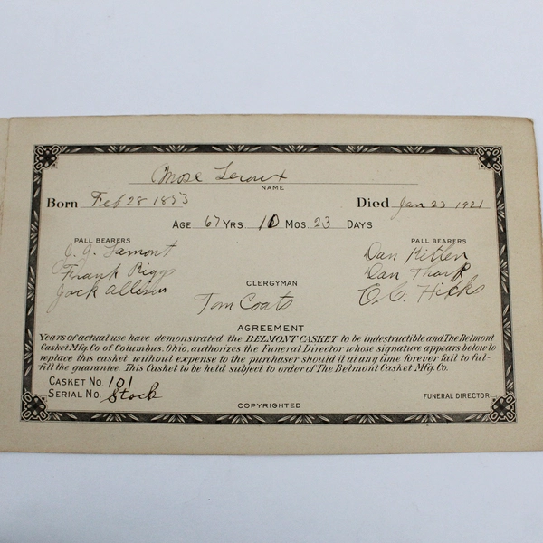 Belmont Casket Warranty Funeral Memorial Card Mose Leroux 1921 Kansas