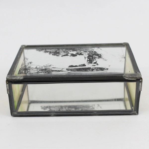 Vtg Hand Painted Glass & Stained Glass Jewelry Box Trinket Box w/ Mirror Bottom