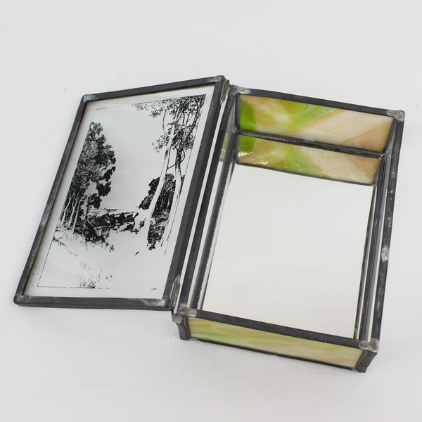 Vtg Hand Painted Glass & Stained Glass Jewelry Box Trinket Box w/ Mirror Bottom