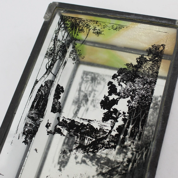 Vtg Hand Painted Glass & Stained Glass Jewelry Box Trinket Box w/ Mirror Bottom