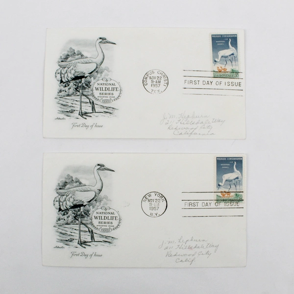 Lot Of 2 1957 Wildlife Conservation Whooping Crane Stamp First Day Covers FDC