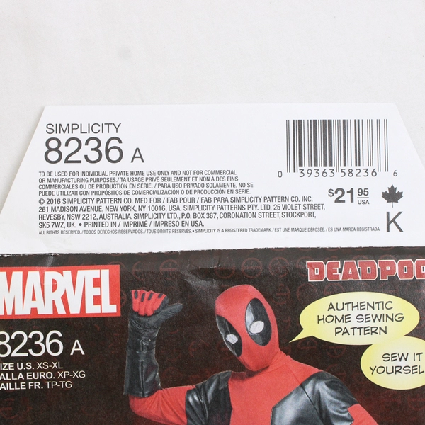 Simplicity Marvel 8236 Deadpool Costume Mens Size A (XS, S, M, L, XL) 2016