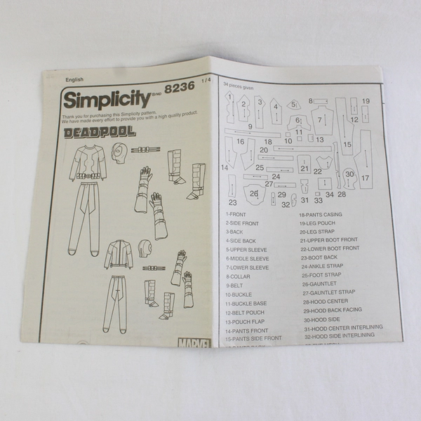 Simplicity Marvel 8236 Deadpool Costume Mens Size A (XS, S, M, L, XL) 2016