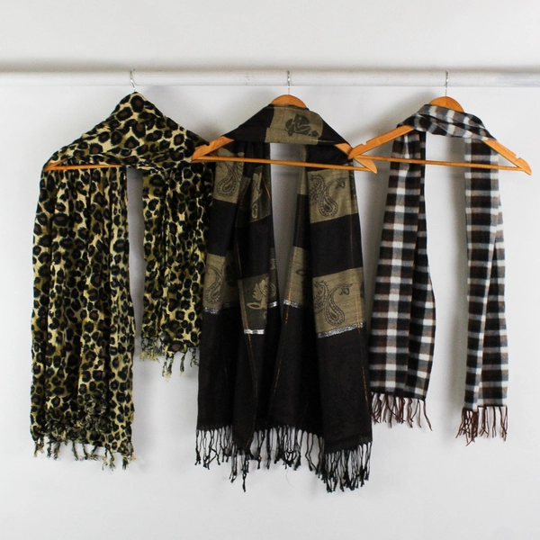 Lot of 3 Brown Toned Fringe Scarves with Multiple Types of Patterns