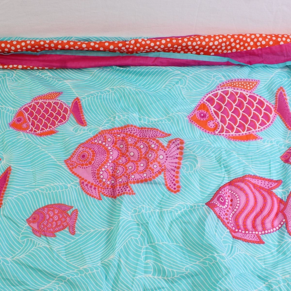 Manuel Canovas Paris Blue Pink Orange Fish Print Scarf 38" x 55"