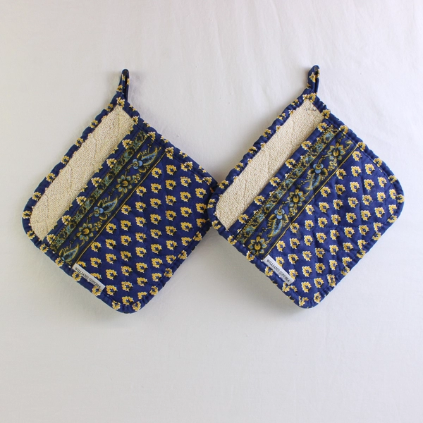 Lot Of 2 Matching Williams Sonoma Blue/Yellow Square Potholders 9.25" x 9.25"