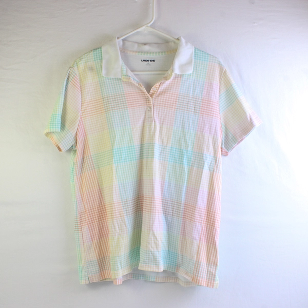 Lands' End Polo Shirt Women's Large Short Sleeve Pastel Plaid Top