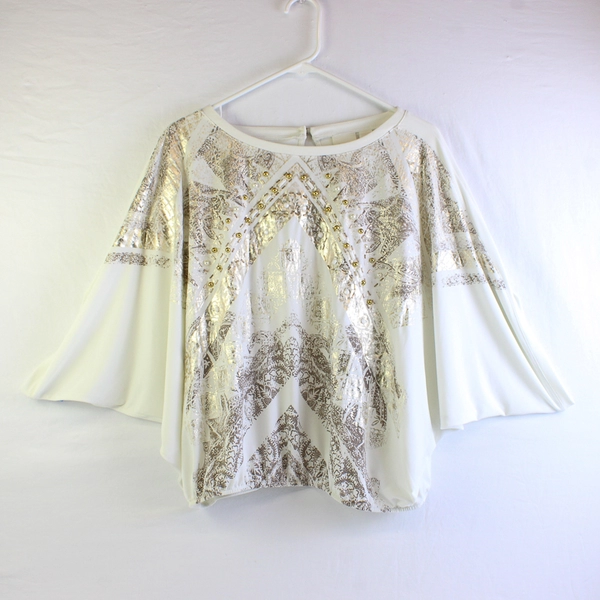 Chicos Ivory Bead Embellished Slit Dolman Sleeve Crop Top Women's Size 2