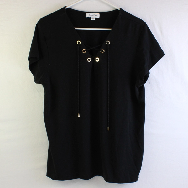 Calvin Klein Women's XL Black Tasseled Lace-Up Front Detail Short Sleeve Blouse