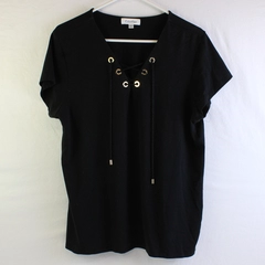 Calvin Klein Women's XL Black Tasseled Lace-Up Front Detail Short Sleeve Blouse