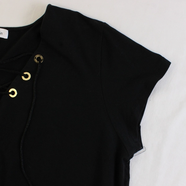 Calvin Klein Women's XL Black Tasseled Lace-Up Front Detail Short Sleeve Blouse