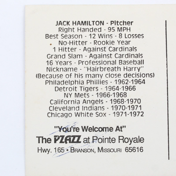 Jack Hamilton New York Mets Autographed 3x5 Signed Postcard