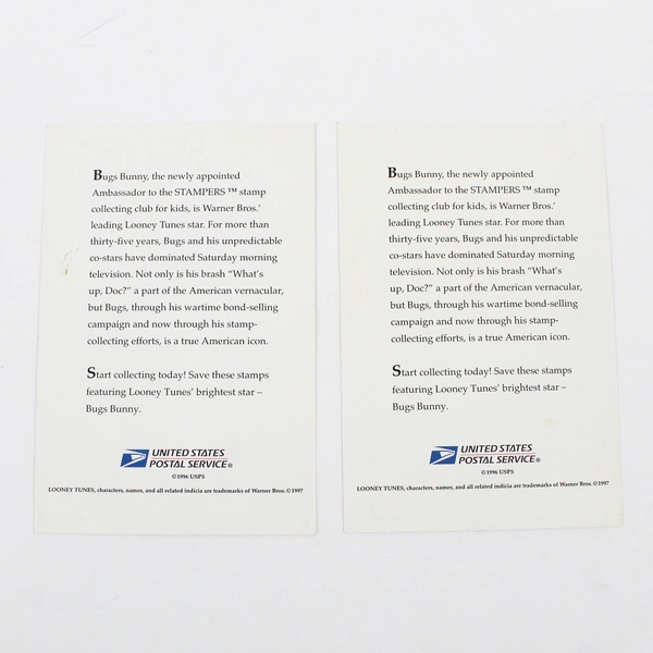 Lot Of 2 Looney Tunes "Bugs Bunny" 32 Cent USPS Stamp On Card  1997