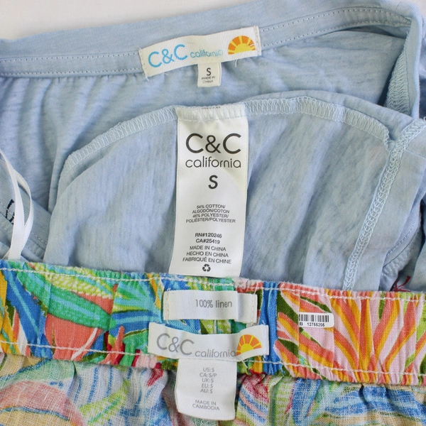 Lot of 2 C&C California Women's S Blue T Shirt and Multicolor 100% Linen Shorts