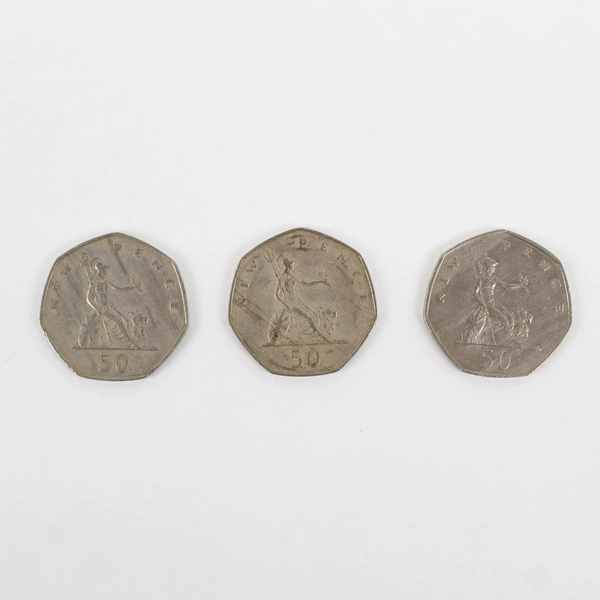 Lot of 3 Queen Elizabeth II DG-REG-FD 50 Fifty Pence Coin 1969 1977
