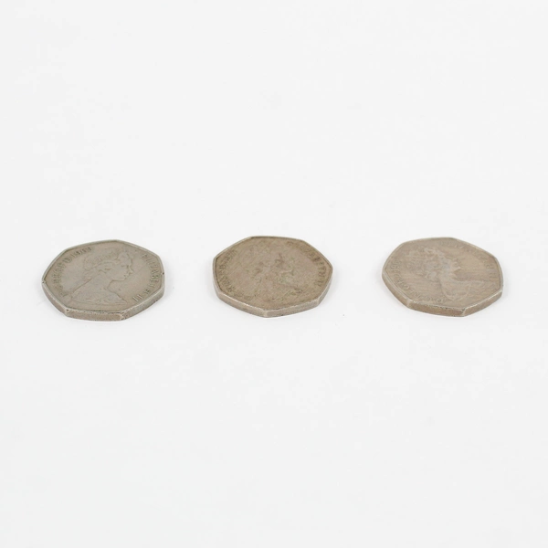 Lot of 3 Queen Elizabeth II DG-REG-FD 50 Fifty Pence Coin 1969 1977
