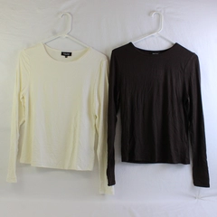 Lot of 2 New York & Company Women's M Ivory and Brown Long Sleeve Stretch Shirts