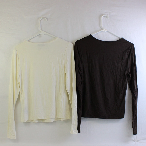 Lot of 2 New York & Company Women's M Ivory and Brown Long Sleeve Stretch Shirts