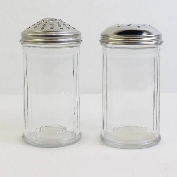 Lot Of 2 Libbey & JR Metal Top Ribbed Glass Cheese/Sugar Shakers 6" Tall
