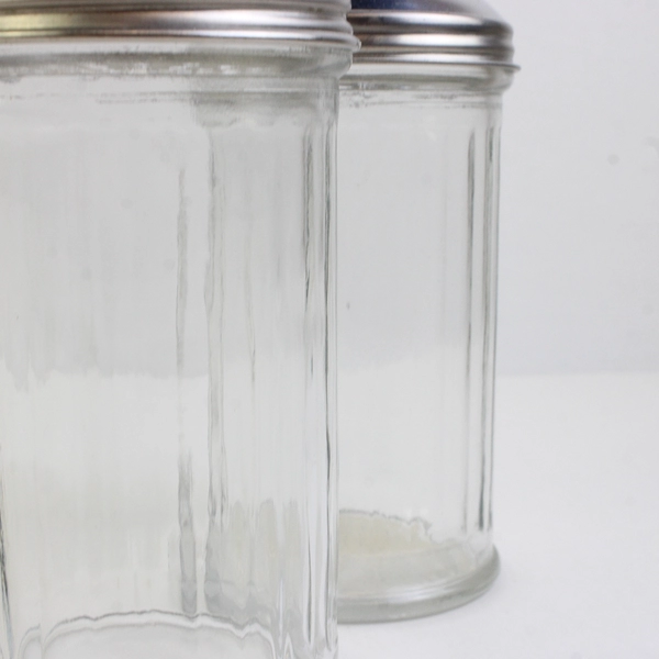 Lot Of 2 Libbey & JR Metal Top Ribbed Glass Cheese/Sugar Shakers 6" Tall