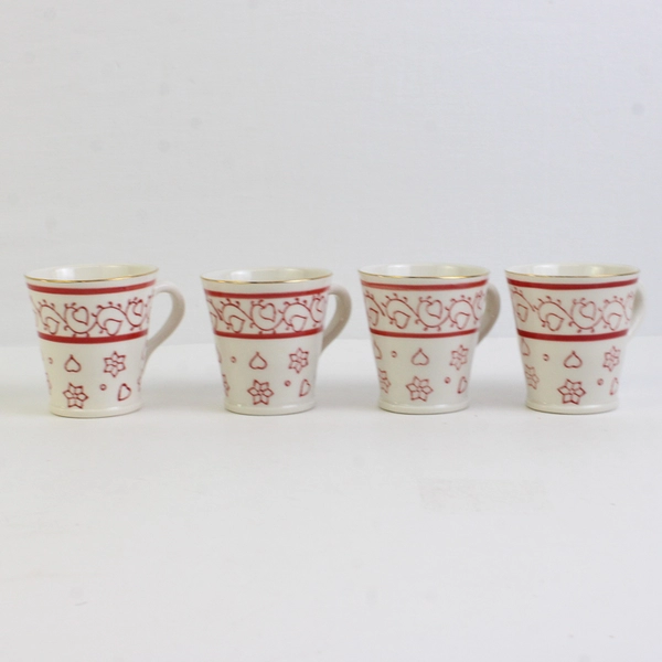 Lot Of 4 Matching Elvira Small White/Red Ceramic Mugs Gold Trim 3" Tall