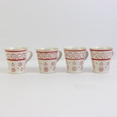 Lot Of 4 Matching Elvira Small White/Red Ceramic Mugs Gold Trim 3" Tall