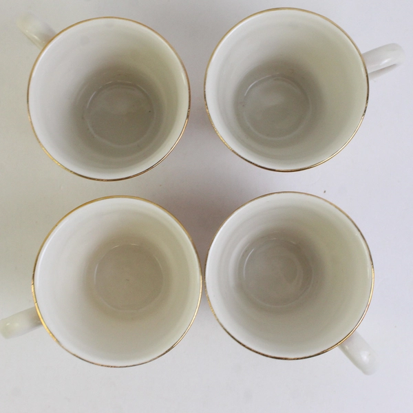 Lot Of 4 Matching Elvira Small White/Red Ceramic Mugs Gold Trim 3" Tall