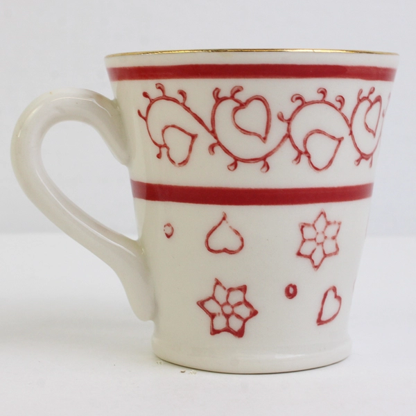 Lot Of 4 Matching Elvira Small White/Red Ceramic Mugs Gold Trim 3" Tall