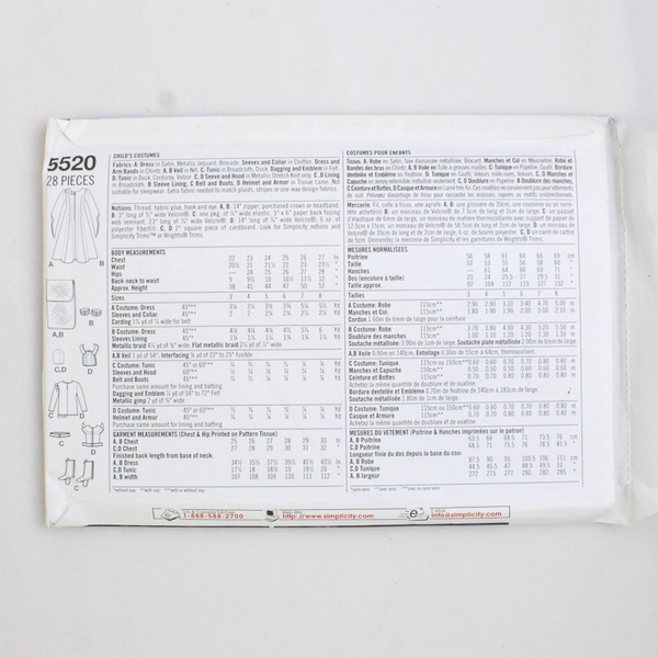 Simplicity Andrea Schewe 5520 Costumes For Kids Size A (3, 4, 5, 6, 7, 8)