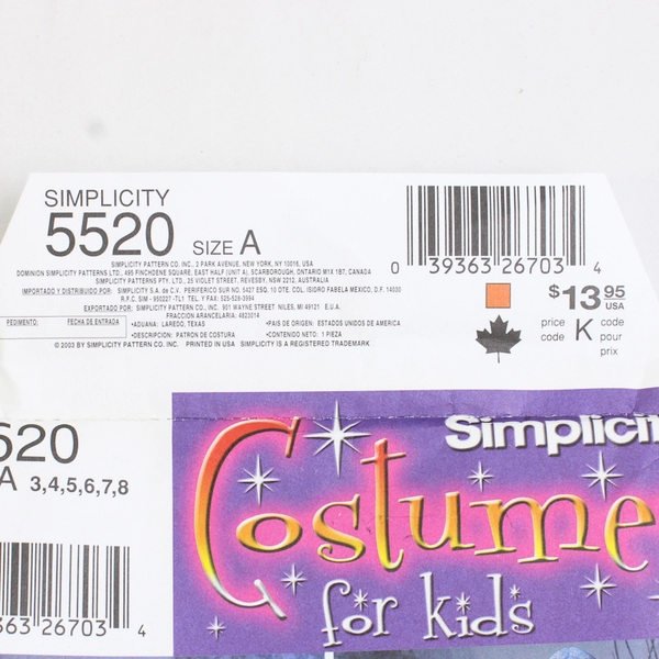 Simplicity Andrea Schewe 5520 Costumes For Kids Size A (3, 4, 5, 6, 7, 8)