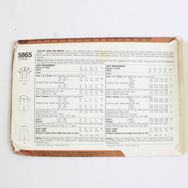 Simplicity 5865 Toddlers Dress & Romper Patterns Unisex Size 3 (1982)