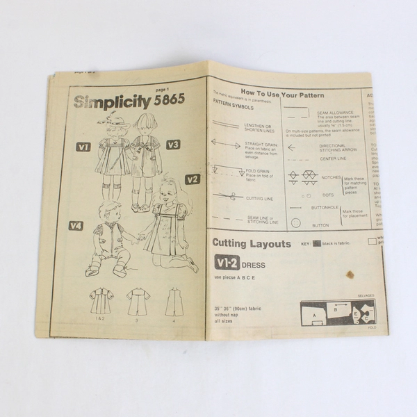 Simplicity 5865 Toddlers Dress & Romper Patterns Unisex Size 3 (1982)