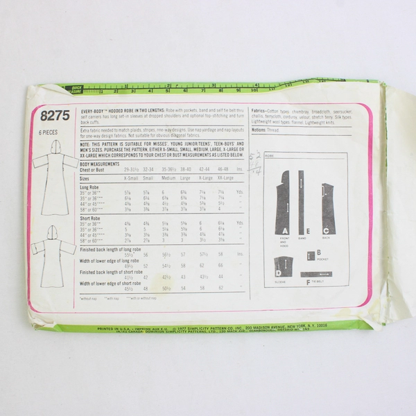 Vtg Simplicity 8275 Everybody Robes Patterns Unisex Adult Size XX Large (1977)