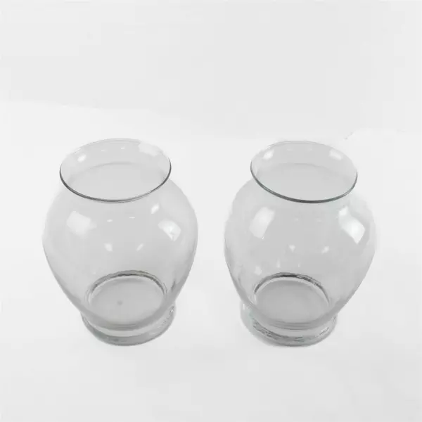 Lot Of 2 Matching Unbranded Clear Glass Decorative Short Bouquet Vases 7.5" Tall