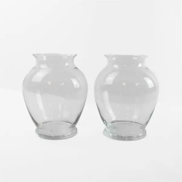 Lot Of 2 Matching Unbranded Clear Glass Decorative Short Bouquet Vases 7.5" Tall