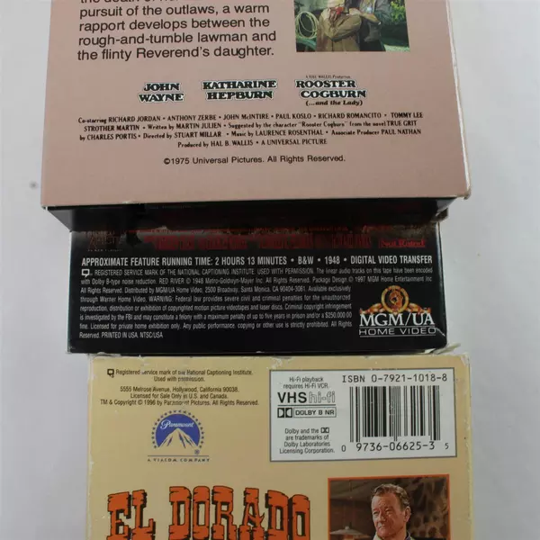 Lot of 3 John Wayne VHS Movies: Red River, El Dorado, Rooster Cogburn