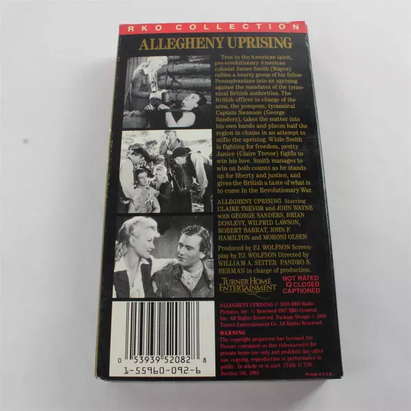 Allegheny Uprising VHS Tape, John Wayne 1989 #2082