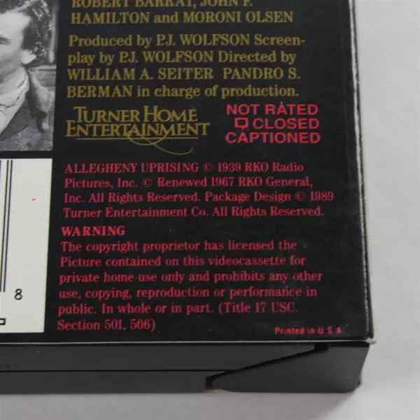 Allegheny Uprising VHS Tape, John Wayne 1989 #2082