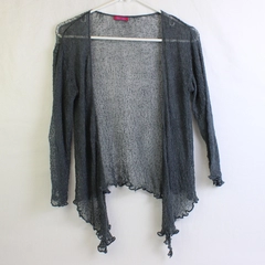 Shu-Shi Women S/M Blue Open Weave Crochet Cardigan Flutter Hem