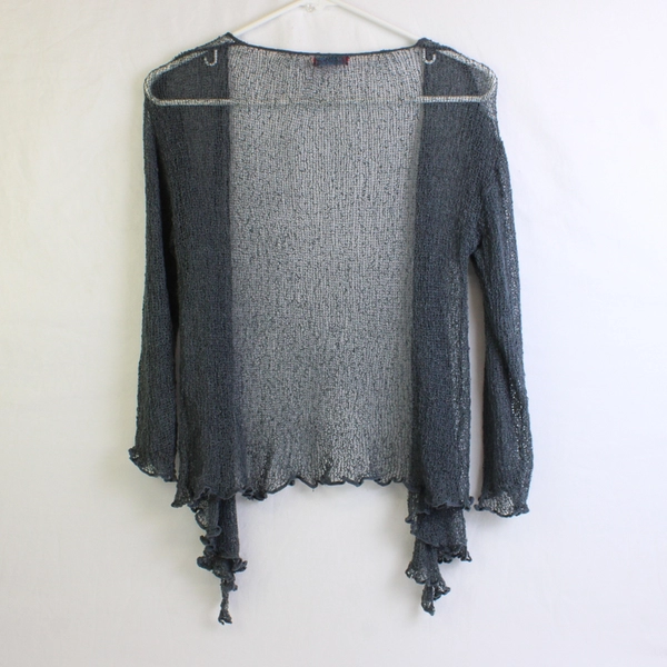 Shu-Shi Women S/M Blue Open Weave Crochet Cardigan Flutter Hem