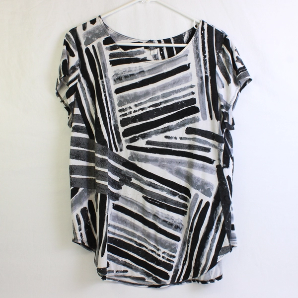 Alfani Women's XL Black White and Gray Abstract Striped Short Sleeve Blouse