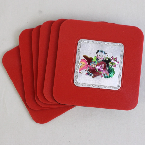 Set Of 6 Unbranded Chinese Red Plastic Coasters & Box Lín Jing Diàn Pin