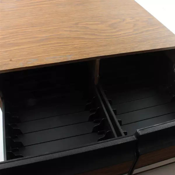 Vintage 1980s VHS Storage Cabinet 2 Drawer 24 Tape Slots Faux Wood Brown